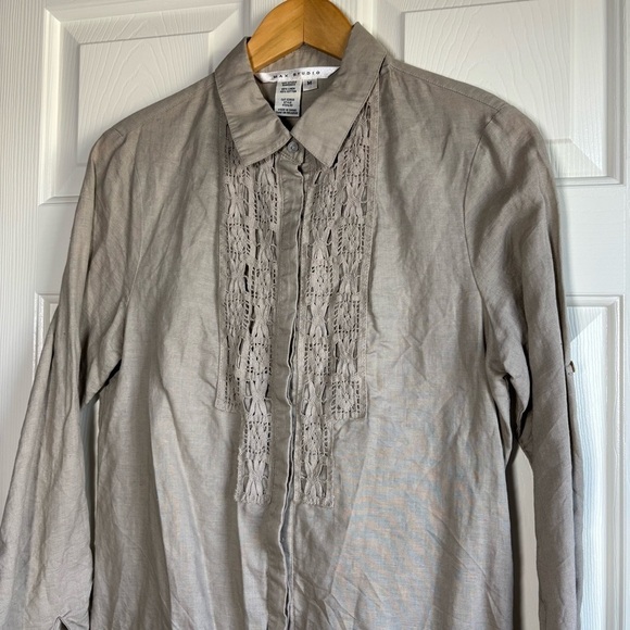 Max Studio Linen Blend Top Women's Medium Long Sleeve Button Up Crochet Corpcore - Picture 5 of 11